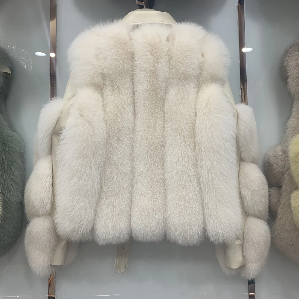 2022 Women Fox Fur Leather Jackets Splicing Real Fur Coats Luxury Genuine Sheepskin Winter Thick Warm Fashion Overcoats 7650