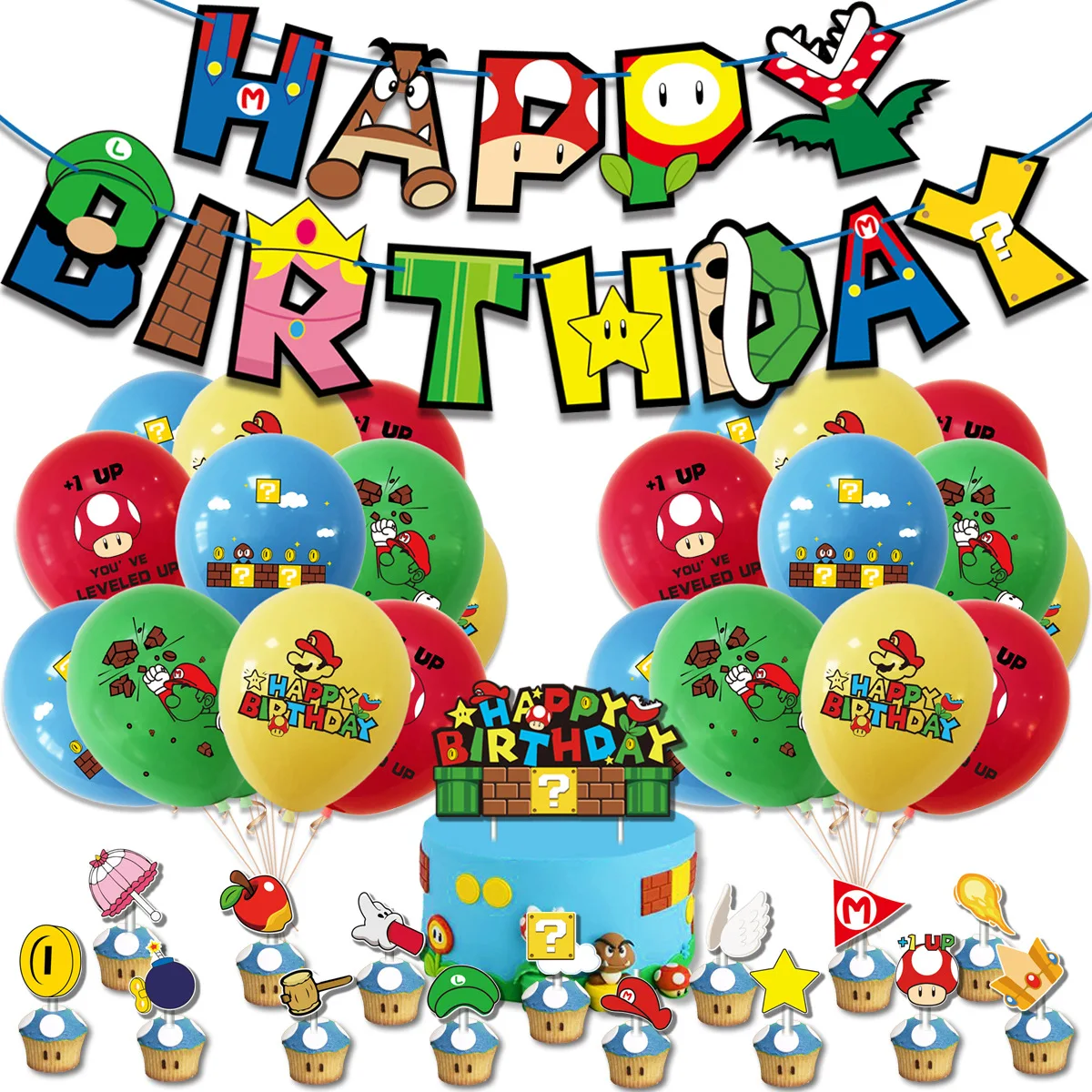 

Новинка, украшение для дня рождения в стиле Марио, буквенный флаг, флаг, открытка для торта, набор воздушных шаров, товары для оформления, дет...