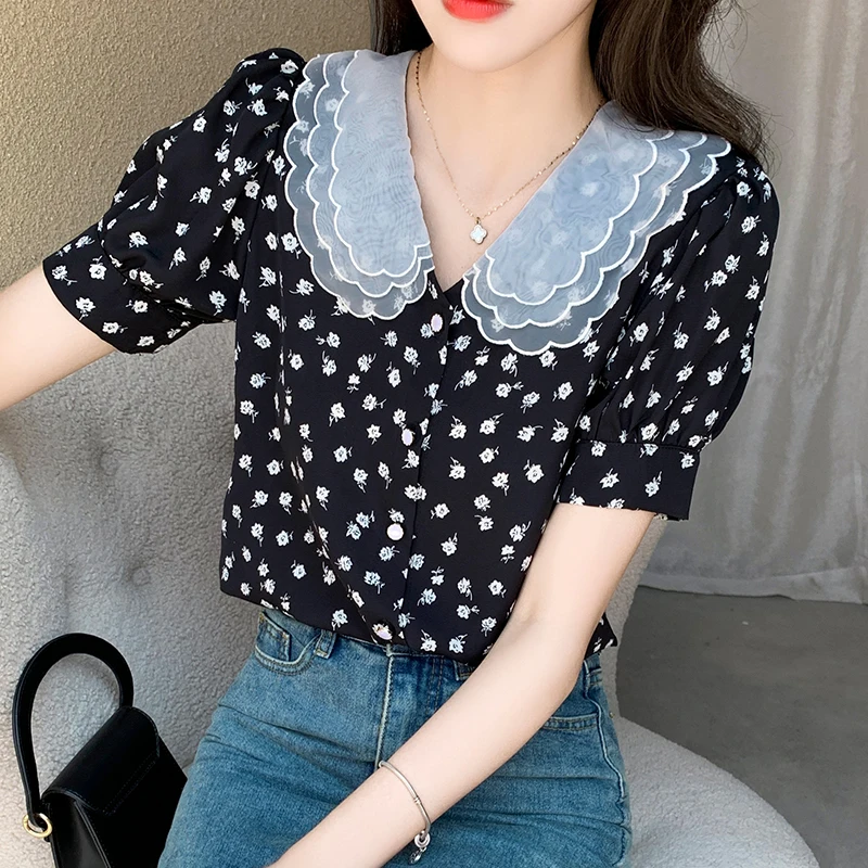Женская винтажная блузка с коротким рукавом милый цветочный топ в стиле