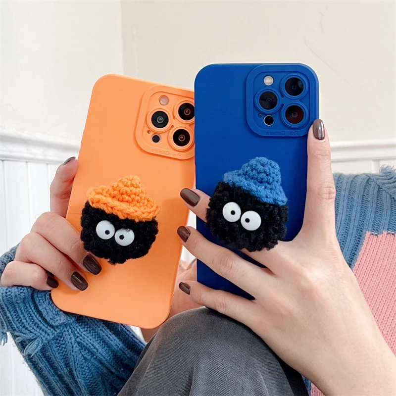 

For iphone 11 12 13 Pro Max X XR Xs Max 7 8 Plus Phone Case Cute Cartoon Plush Briquettes Bracket Full Edge Anti-fall Cover