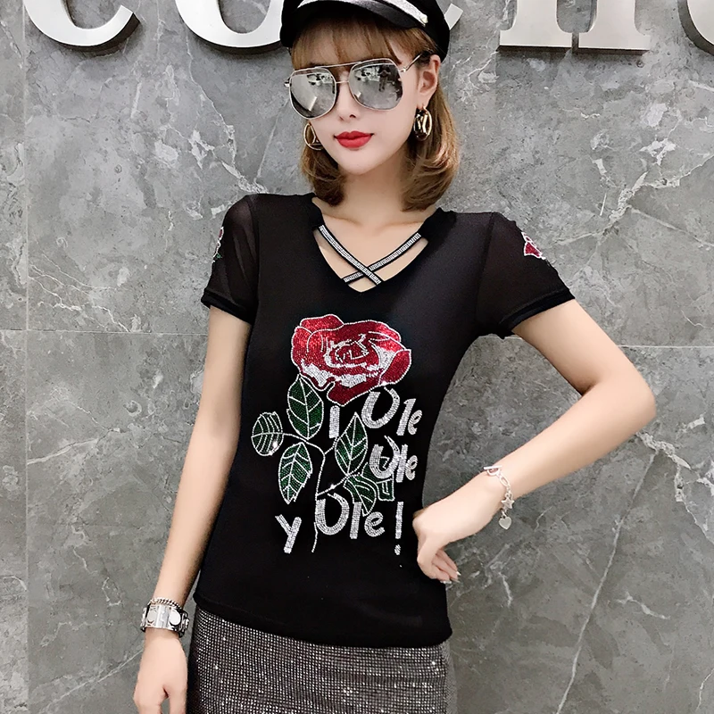 

Женская Сетчатая футболка с вырезами, привлекательный сетчатый топ в Корейском стиле с надписью «Роза», универсальная футболка в уличном стиле, лето