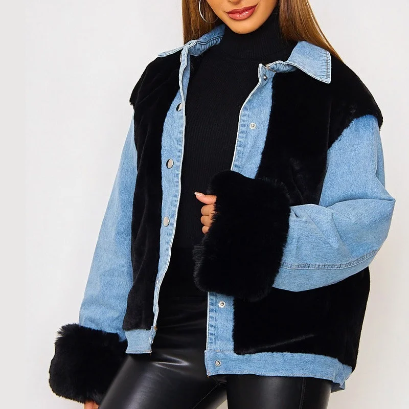 Warm Fleece Denim Patchwork Coat Fashion Jacket Ladies Autumn and Winter Casual Loose Long-sleeved Jacket Streetwear Crop Jacket
