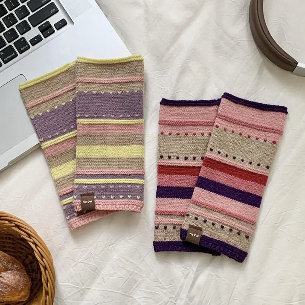 Kawaii вязаные перчатки с сенсорным экраном в радужную полоску розовые зимние