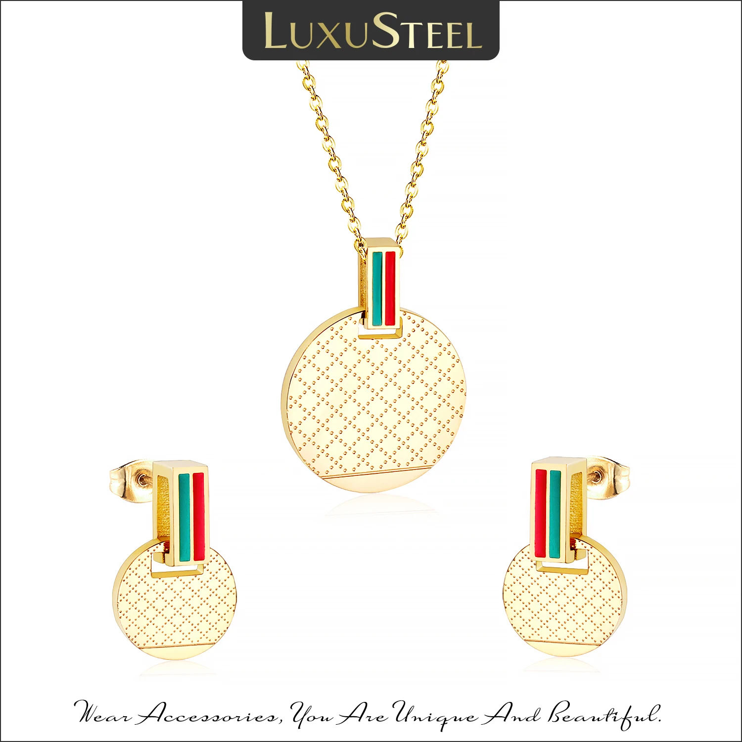 

LUXUSTEEL Round Pendant Necklce Earrings For Women Men Gold Color Stainless Steel Red Green Striped Rhombus Pattern Jewelry Set