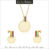 luxusteel round pendant necklce earrings for women men gold color stainless steel red green striped rhombus pattern jewelry set