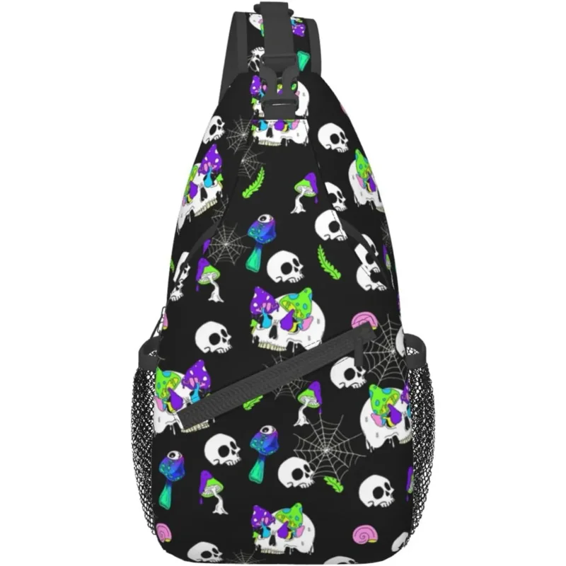 

Нагрудные сумки унисекс в готическом стиле, рюкзак-слинг через плечо с изображением черепа, гриба, дорожный походный рюкзак, повседневная мужская сумка через плечо из полиэстера