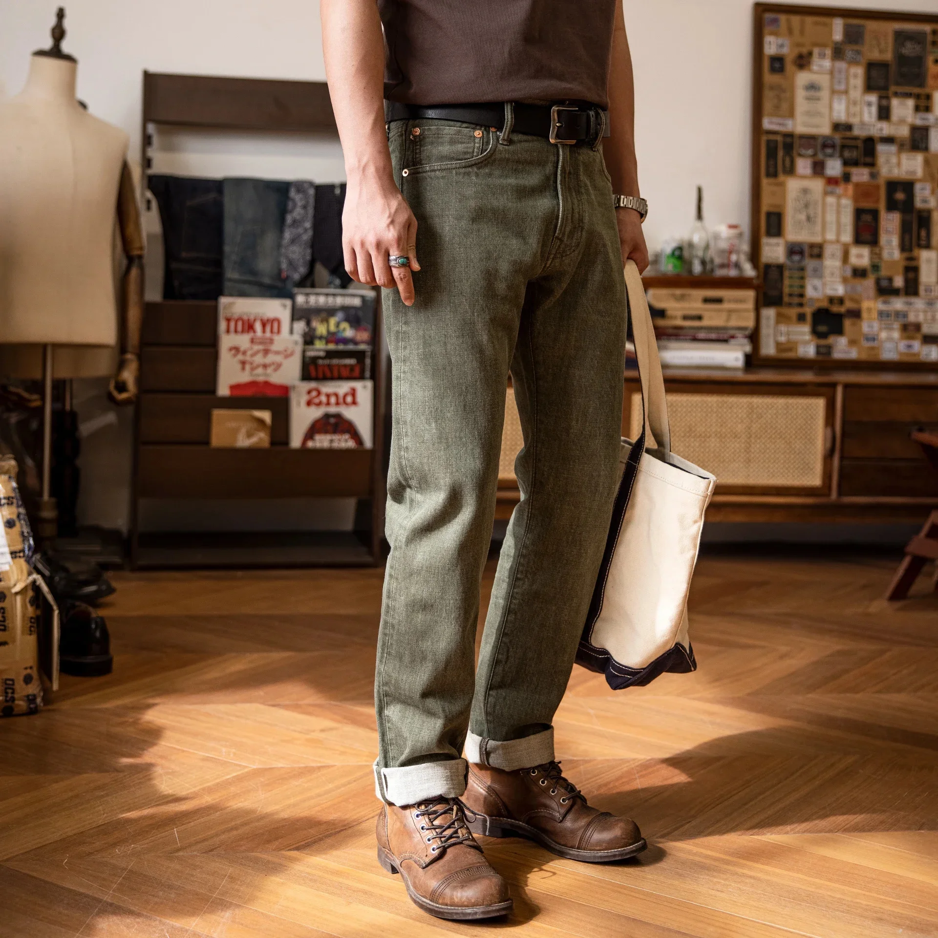 RT-511 Тяжелые брюки Indigo Selvage потертые 14 унций санфоризованные толстые джинсовые