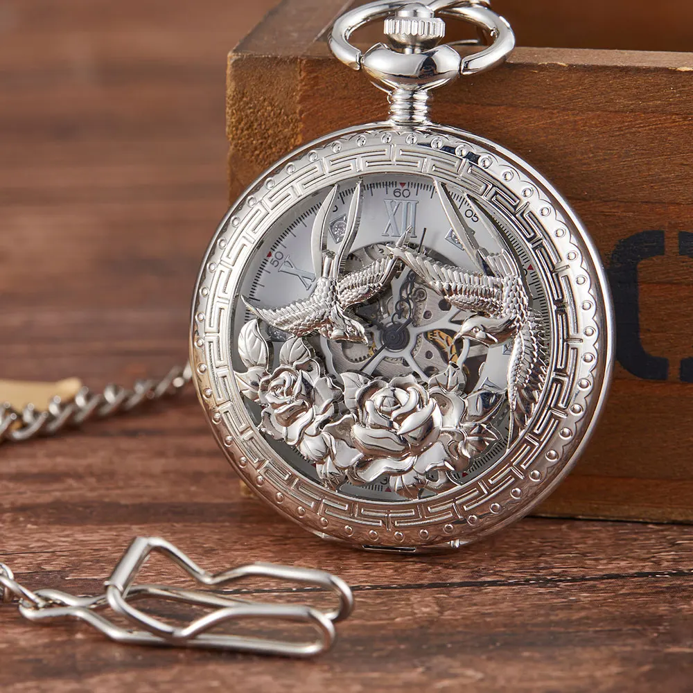 Vintage Luxury Brand Golden Silver Design Skeleton Mechanical Pocket Watch Men Antique UniqueNecklace Pocket & Fob Watches Chain