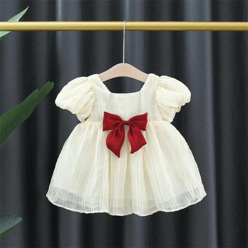

Летнее платье для маленьких девочек, однотонное платье с пышными рукавами, милое модное платье принцессы с бантом для младенцев, Корейская ...