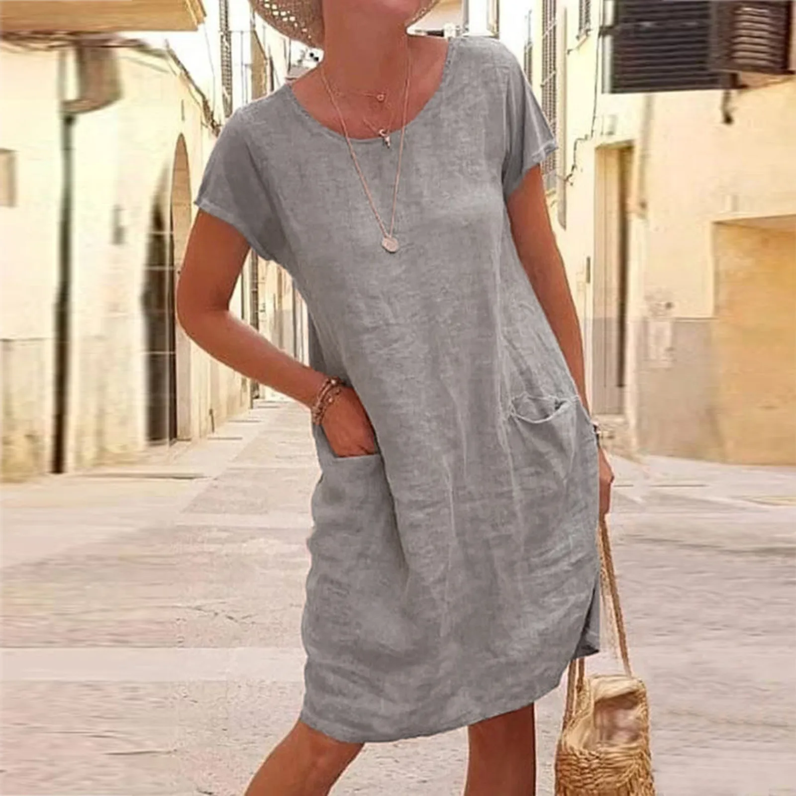 

Summer Women Pockets Dress Solid Color Casual Knee-Length Daily Women’s Round Neck Dresses Postpartum Sundress