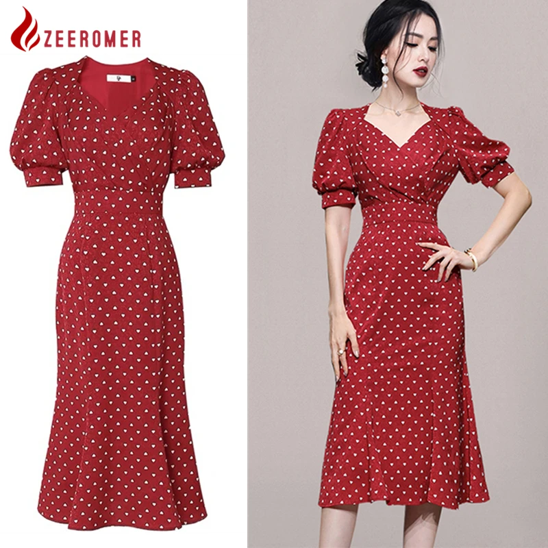 

2022 Summer Runway Elegant Vintage Red Heart Print Dress Women Sexy V Neck Ruffles Puff Sleeve Bodycon Slim Mermaid Party Dress