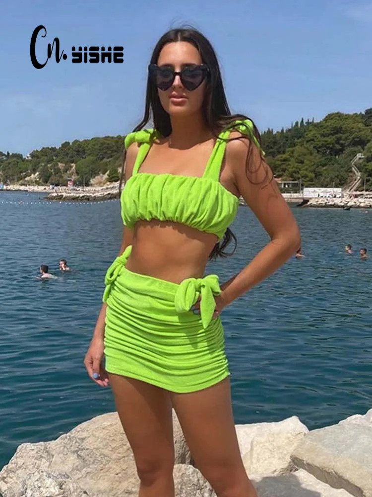 

CNYISHE Elegant Ruched Crop Top+Skirt 2 Piece Set Outfits for Women Tracksuit Suits Sexy Neon Green Lace Up Matching Sets Party