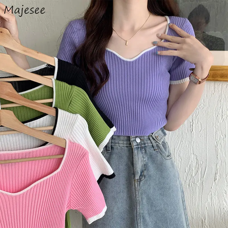 

Short Sleeve T-shirts Women Panelled Casual Y2k Top Knitted Slim Summer 티셔츠 футболка Mujer All-match Soft New Arrival Fashion