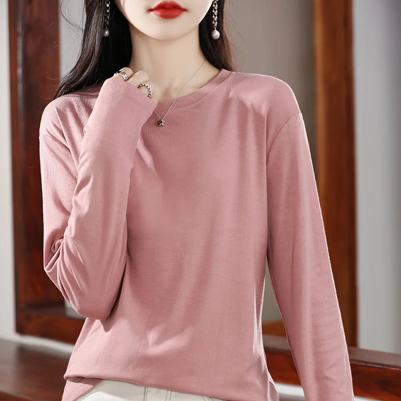 

2023 Spring/Summer New Tencel Cotton Long Sleeve Loose Round Neck Solid Color Temperament Elastic Women's Knit Top