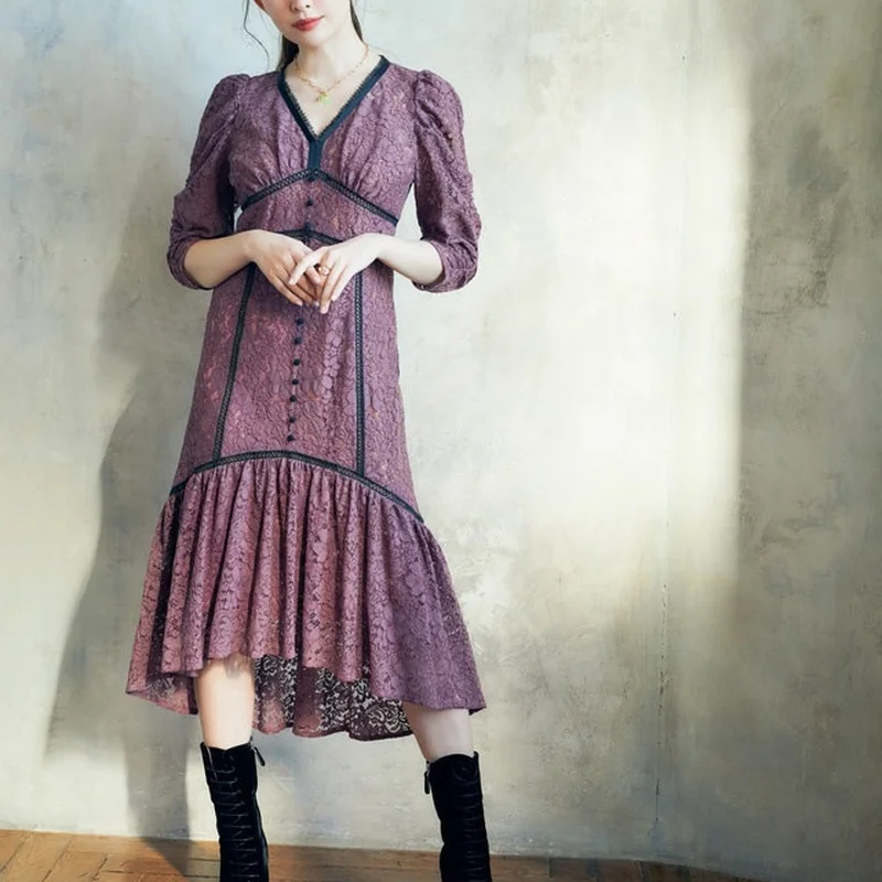 

A GIRLS Japan Style Dress Women Sexy Solid Lace Patchwork Button Dresses 2022 Spring Vestidos Largos De Verano Para Mujer