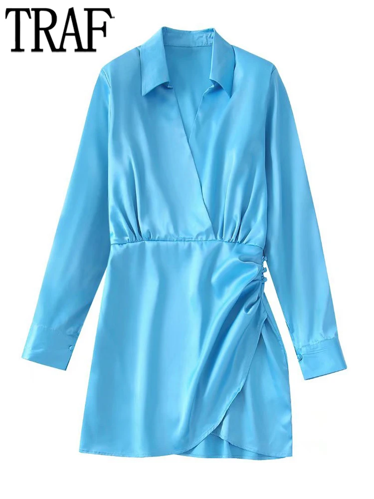 

TRAF Blue Satin Wrap Dress Women Office Short Dress Woman Long Sleeve Pleated Dresses for Women 2022 Summer Ruched Female Dress