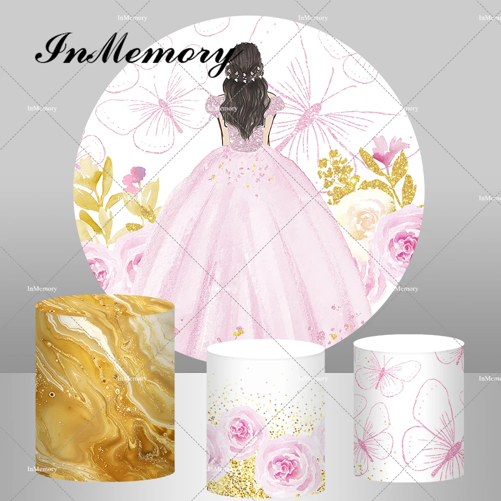 Quinceanera Sweet 15 16th Princess Girls Birthday Party Round Backdrop Cover Pink Dress Gold Marble Style Backgrounds Supplier