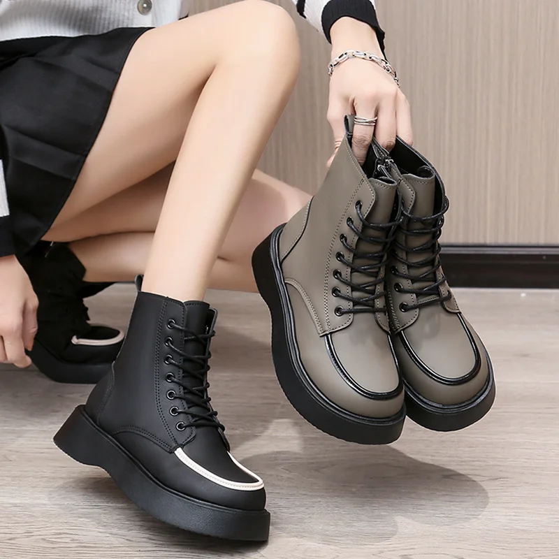 

Женские кроссовки на платформе и толстой подошве, однотонные туфли из искусственной кожи на среднем каблуке с перекрестной шнуровкой, с кру...