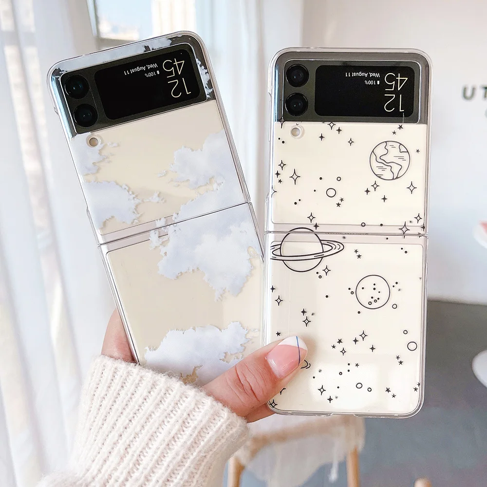 

For Samsung Galaxy Z Flip 4 3 Case Planet Love Cloud Painted Transparent Shockproof PC Hard Cover For Samsung Z Flip4 Flip3 Case