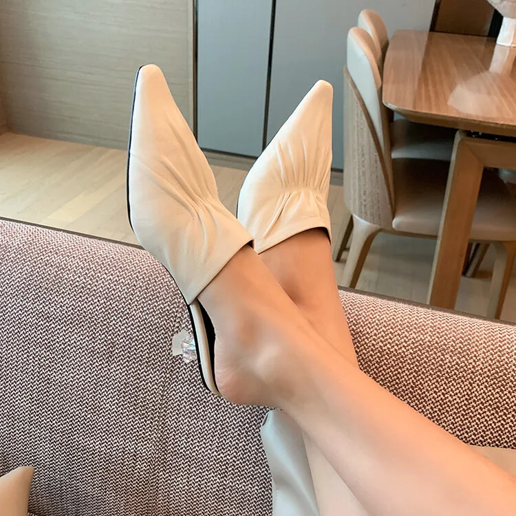 

French Style Pointed Toe Women Mules Shoes Beige Leather Spring Clear Crystal High Heels 4cm Apricot Chic Work Pumps Zapatillas