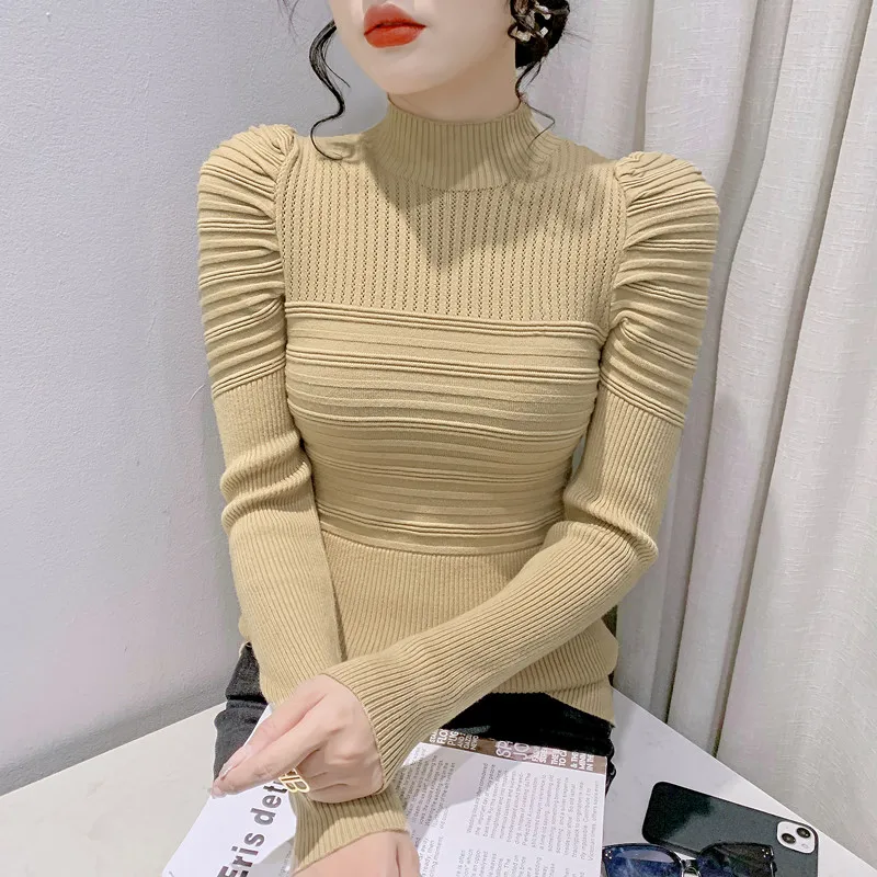

Fashion vintage sweater women hollow out knit pullover long sleeve top puff sleeve slim bottoming knitwear half high collar pull
