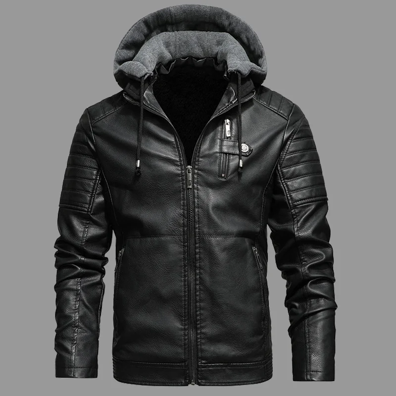 

Men's Winter Fleece Liner PU Leather Jackets Hooded Outwear Coats Autumn Casual Motorcycle Faux Jacket Windbreaker Biker