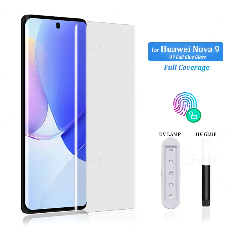 

UV Screen Protector For Huawei Nova 9 Tempered Glass Film Full Screen Glue For Nova 7 9 8 Pro Full Cover UV Glass