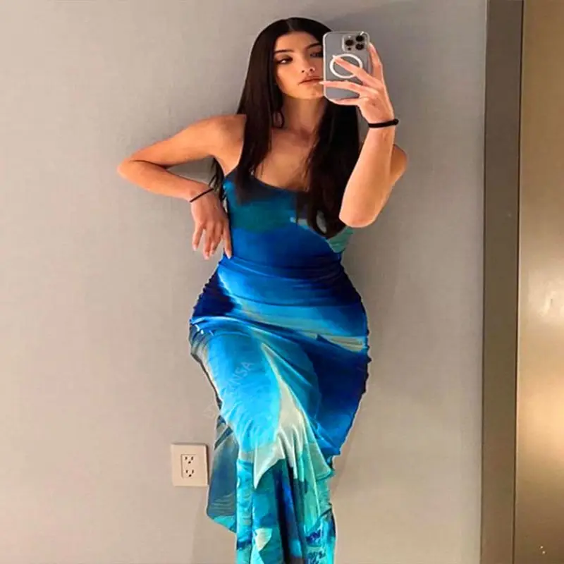 

2022 Blue Boho Printed Yellow Sundress Sexy Spaghetti Strap Bodycon Maxi Dress Women Summer Clothes Party Slip Dresses A1254