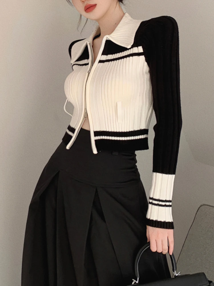 

Тонкий кардиган Y2K, женские винтажные укороченные вязаные топы, Женская корейская мода, трикотажная одежда с длинным рукавом, женский свитер на молнии