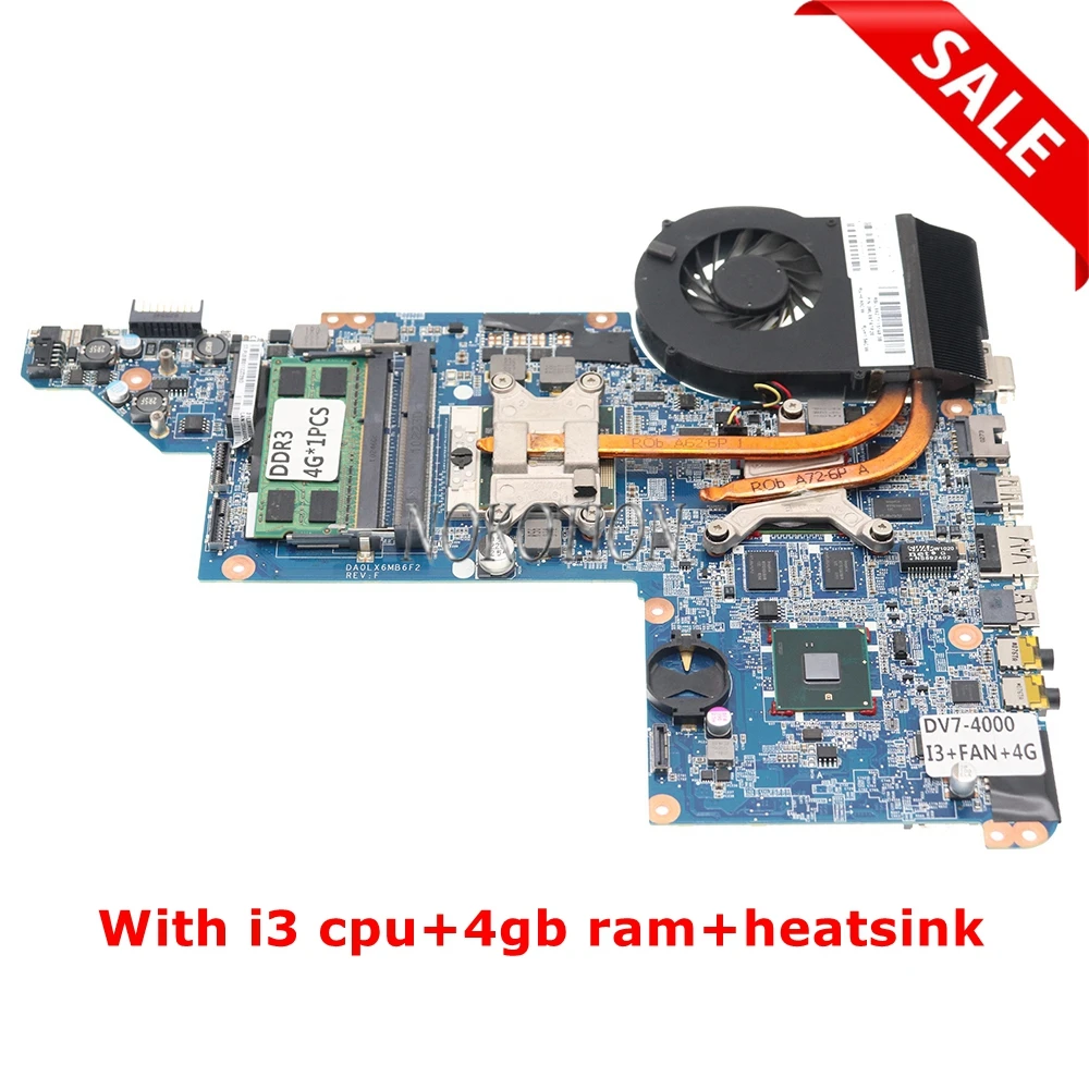 

615308-001 DA0LX6MB6H1 For Hp dv7-4000 Laptop Motherboard With heatsink +i3 cpu+4G RAM replace 615686-001 630833-001 615687-001