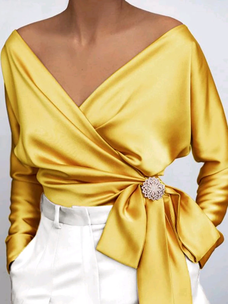 

Women Fashion Blouse 2022 Elegant Shirt Solid Sexy V Neck Tops Spring Long Sleeve Casual Party Tunic Blusas without Brooch