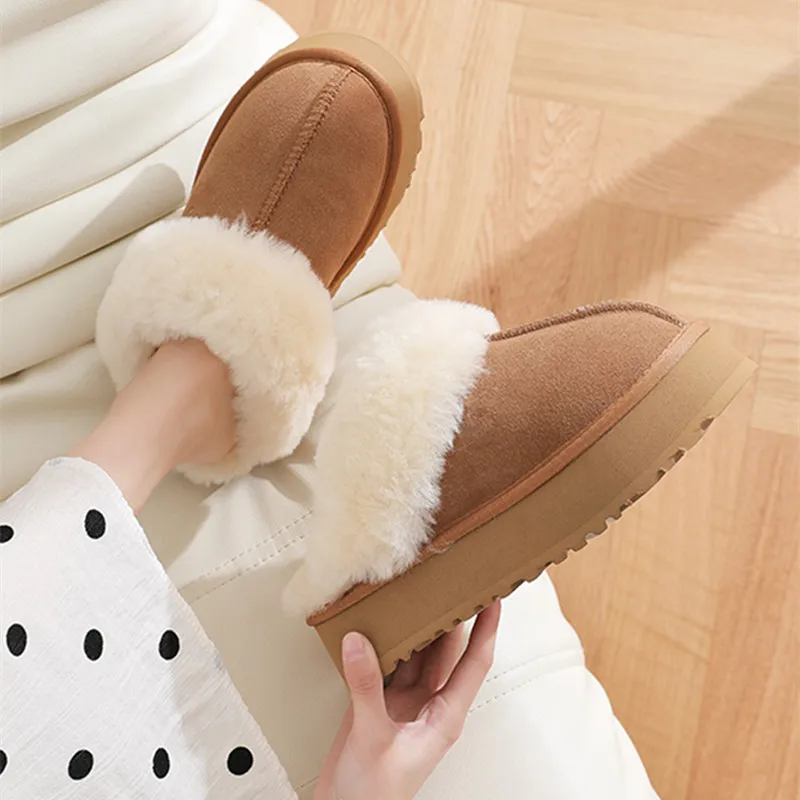 

2022 Womens Slipper Winter Snow Boots Non-slip Leather Real Wool Fur Warm Ladies Home Natural Fur Solid Flat Fashion Shoes
