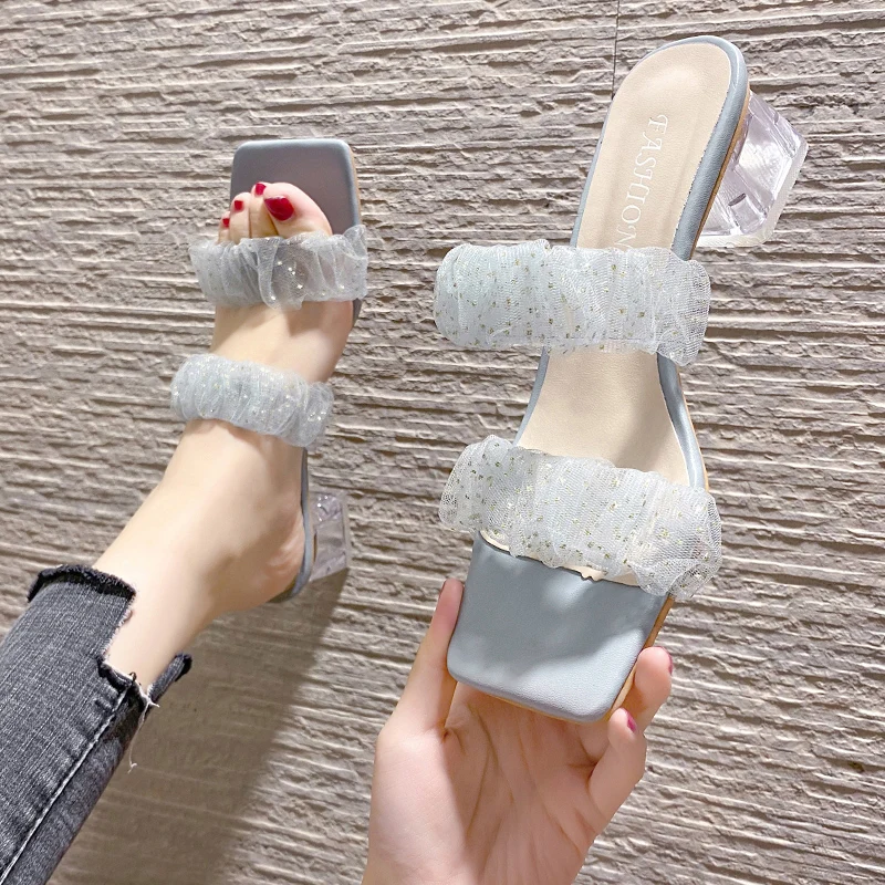 

Туфли-лодочки женские на среднем квадратном каблуке, прозрачные, с блестками