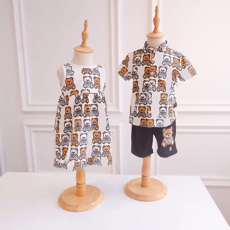 

1 Set Kids Boy Girls Brother Sister Cartoon Animal Shirt Summer Short Shirts Tops T-shirt and Pants / Girls Long Dress