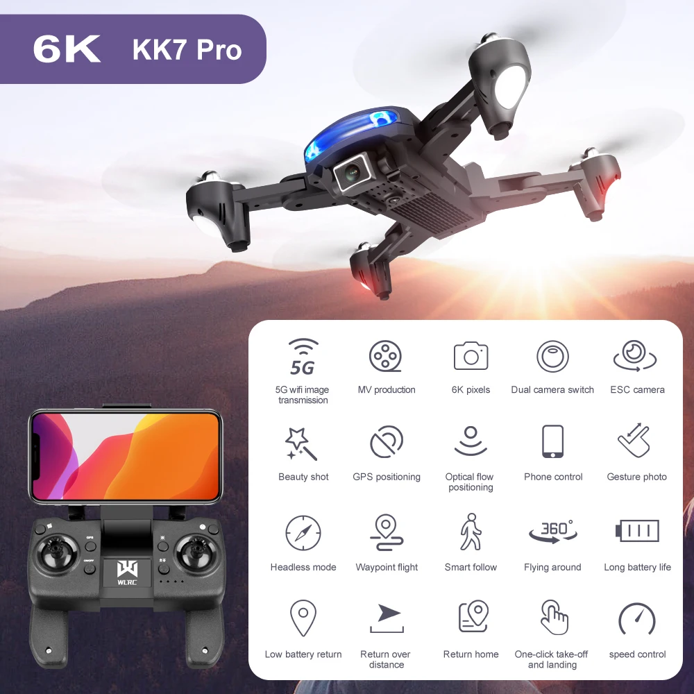 

Drone 4k Profesional WiFi FPV Camera GPS FPV RC Quadcopter Altitude Hold Mode Toy For Boy KK7