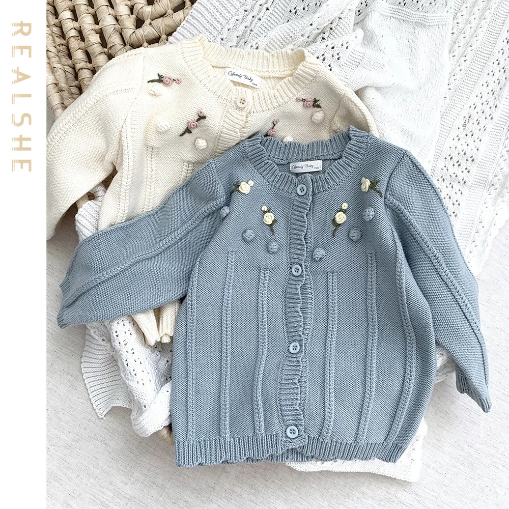 

Realshe 2023 Autumn Winter Baby Girls Sweater Toddler Children Embroidered Knitted Cardigan Girls Long Sleeve O-Neck Outerwear