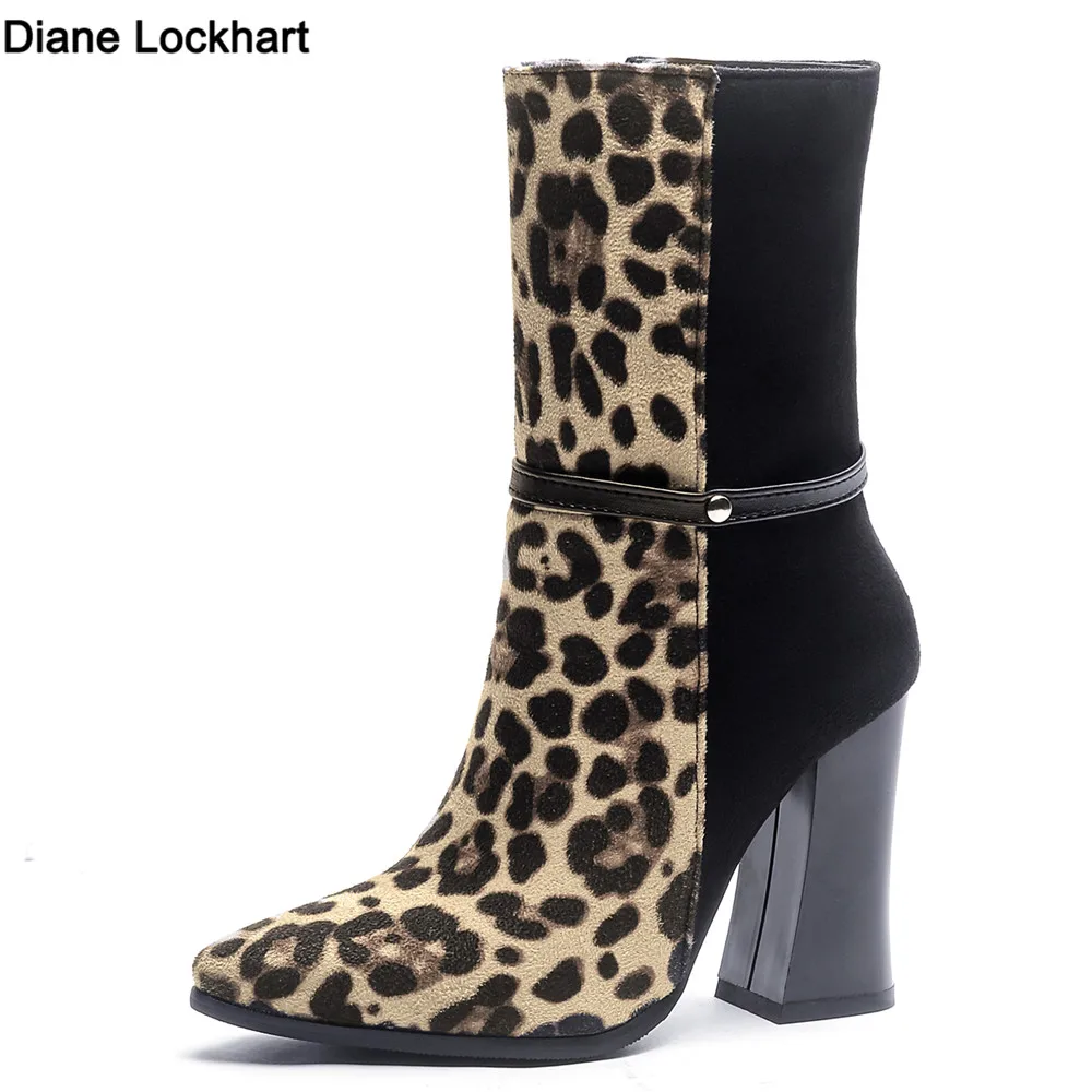 

Black Leopard Flock Thick High Heels Ankle Boots Women Winter Shoes Side Zip Pointed Toe Chelsea Short Booties Ladies Size33-43