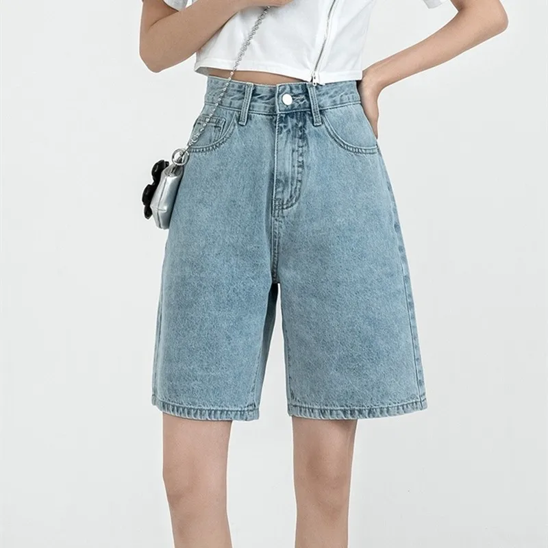 ZHISILAO Solid Knee-length Denim Shorts Women Boyfriend Casual High Waist Wide Leg Shorts Jeans Summer 2022