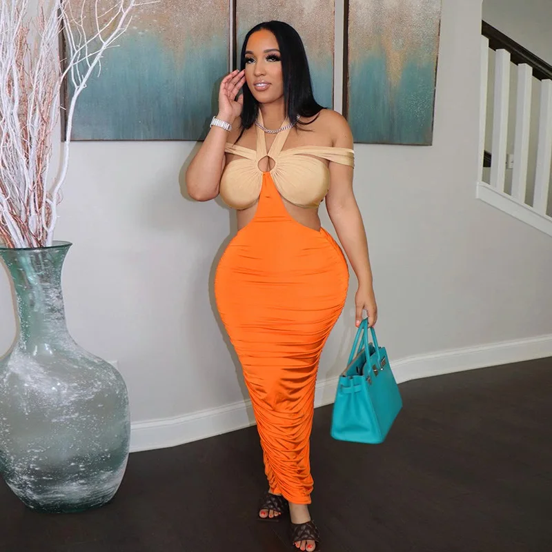

Patchwork Two Tone Ruched Club Maxi Dresses Skinny Halter Cut Out Backless Sexy Night Clubwear Tight Fitted Party Dress