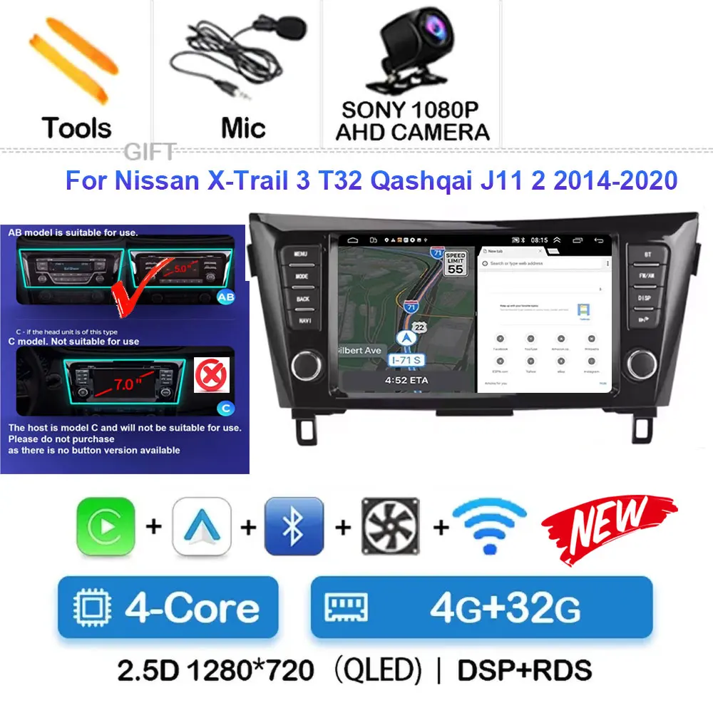 

Автомобильный радиоприемник Android 15 для Nissan X-Trail 3 T32 Qashqai J11 2 2014-2020, беспроводной CarPlay Android Auto, автомобильный мультимедийный GPS