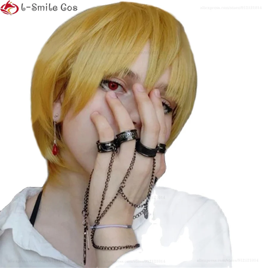 

Anime Hunter x Hunter Kurapika Kurta Wig Short Blonde Yellow Wigs Cosplay Earring Rings Heat Resistant Hair Wigs + Wig Cap