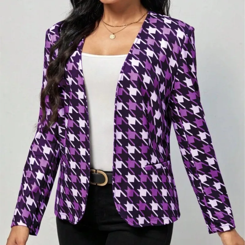 

2023 Autumn/Winter New Women's Casual Printing Thousand Bird Checker V-Neck Buckle Free Pocket Small Suit Coat Women