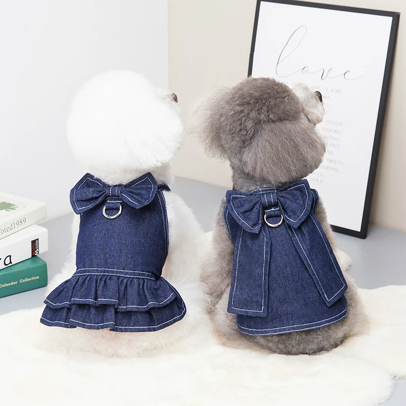 

INS Style Dogs Cat Clothes Pet Jean T-Shirt Bow Tie Dog Dress With Traction D-Ring For Small Dogs Harness Clothing Pet Apparel