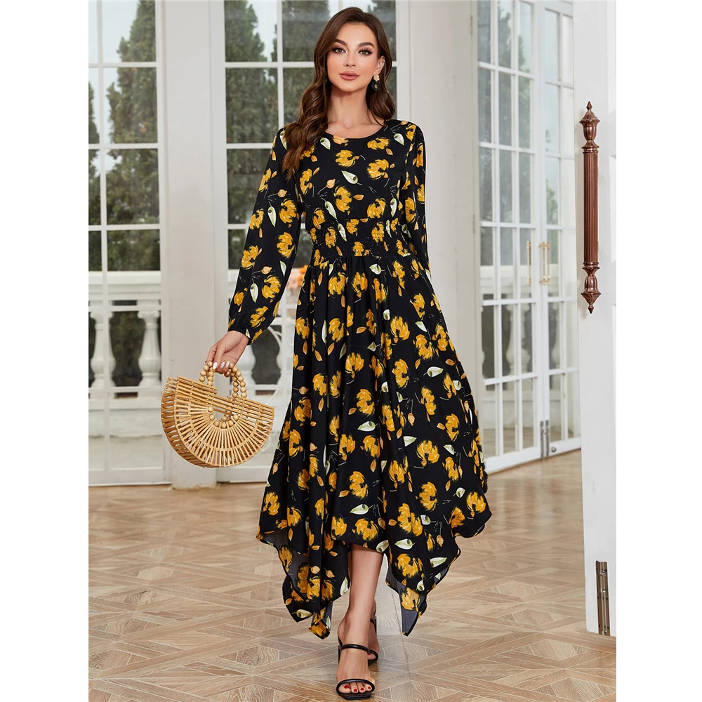 

2023 New Floral Print Irregular Long Sleeve Dress Bohemian Holiday Beach Party Sundress Muslim Women Abaya Kaftan Robe Gown Arab