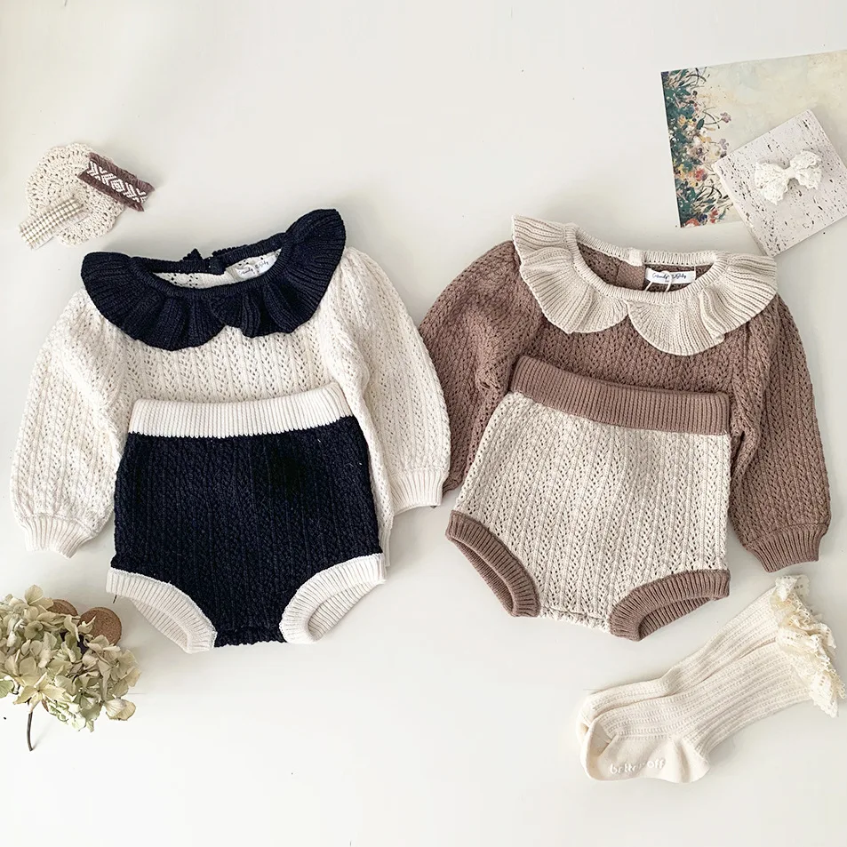 

Autumn Winter Ins Kids Knitted Lotus Collar Pullover Sweater Suit Boy Girl Children Knitting Hollow Out Tops + Knit Shorts 2pcs