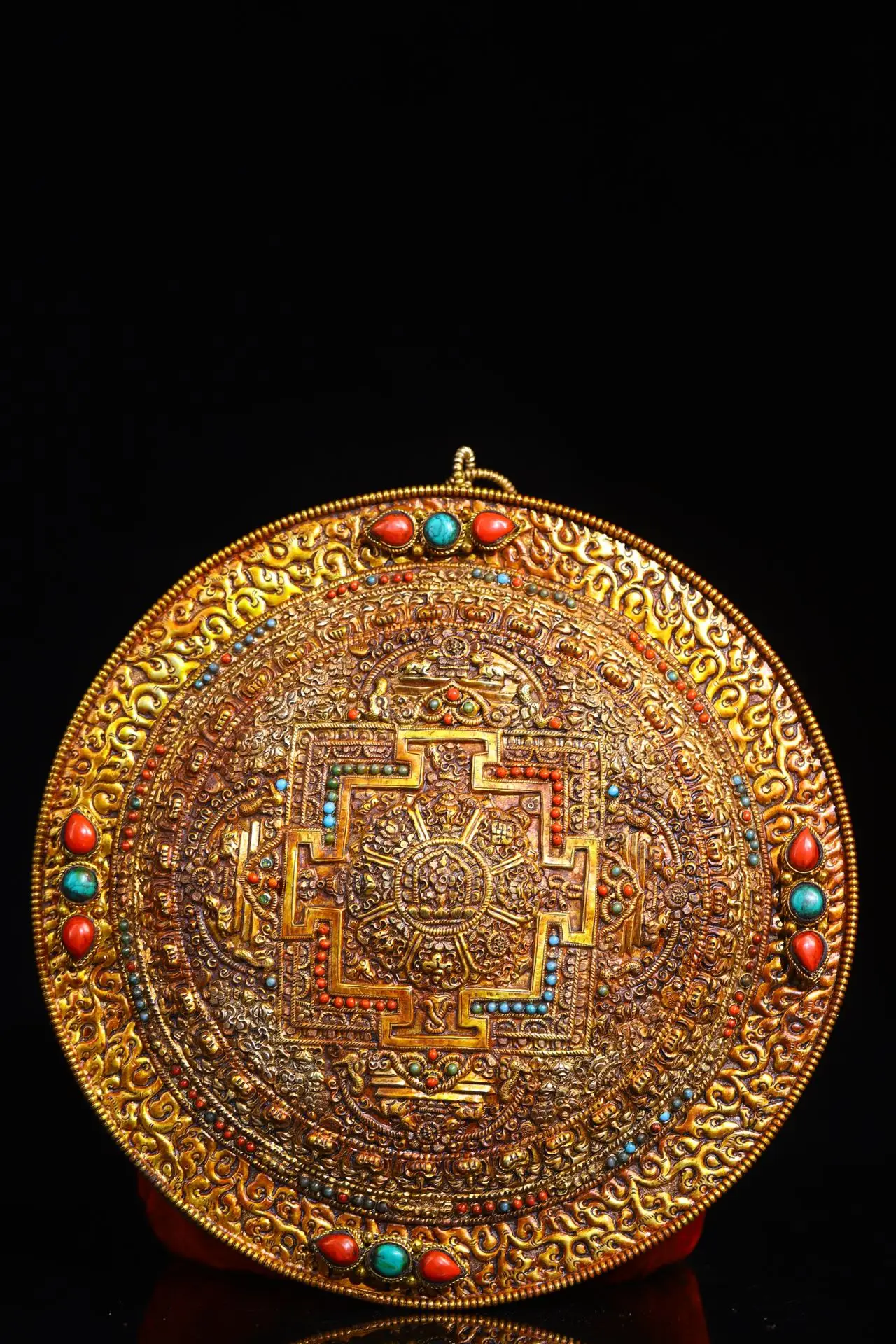 

9"Tibetan Temple Collection Tibetan silver Mosaic Gem Auspicious Eight Treasures thangka mandala Hanging screen worship hall