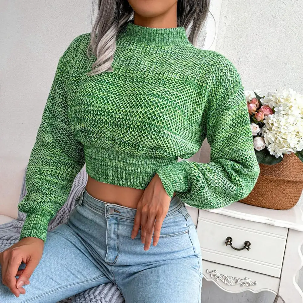 

Half High Collar Long Sleeve Navel Exposed Warm Sweater Top Autumn Winter Solid Color Cropped Sweater Female Clothing Suéteres