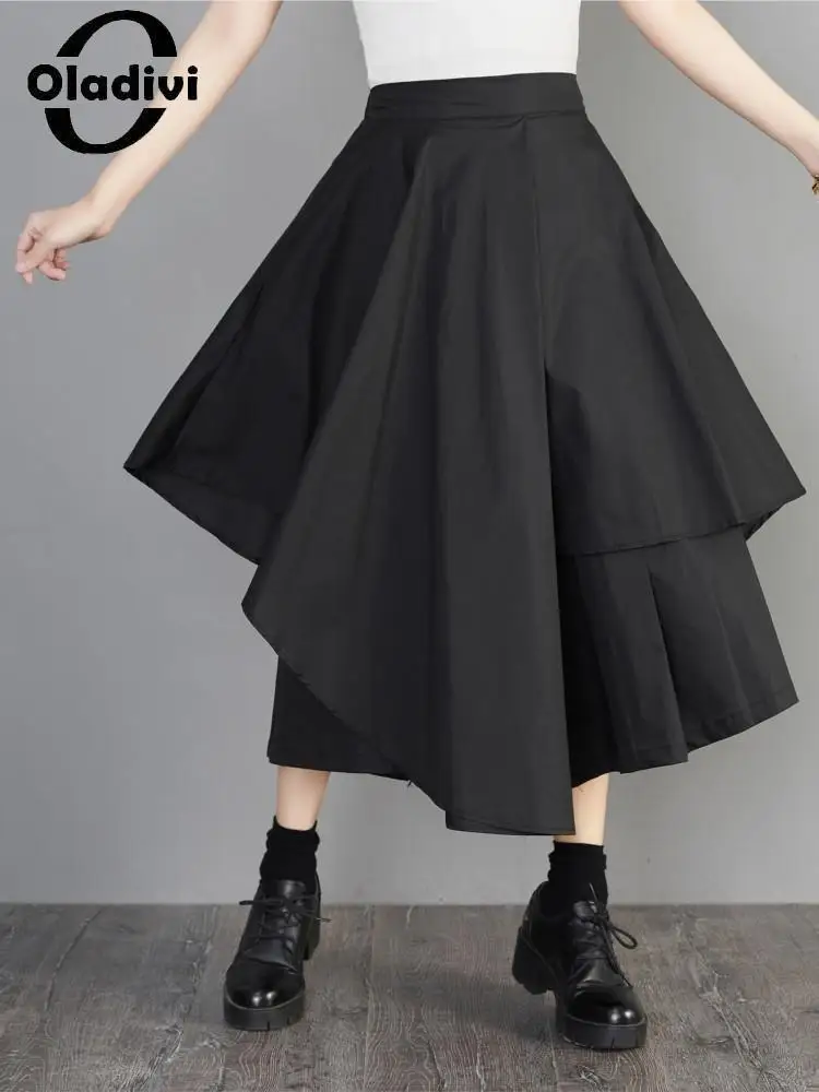 

Oladivi Fashion Irregular Wide Leg Pants Skirts Women Mid Length High Waist Black Culottes Summer Large Size Trousers 6299 3XL