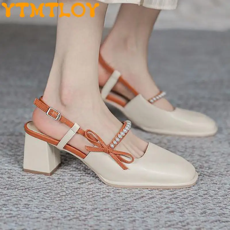 

Single Shoes 2021 New Summer Bowknot Pearl Fairy Style Square Head High Heel Mary Jane Thick Heel All-match Sandals Women