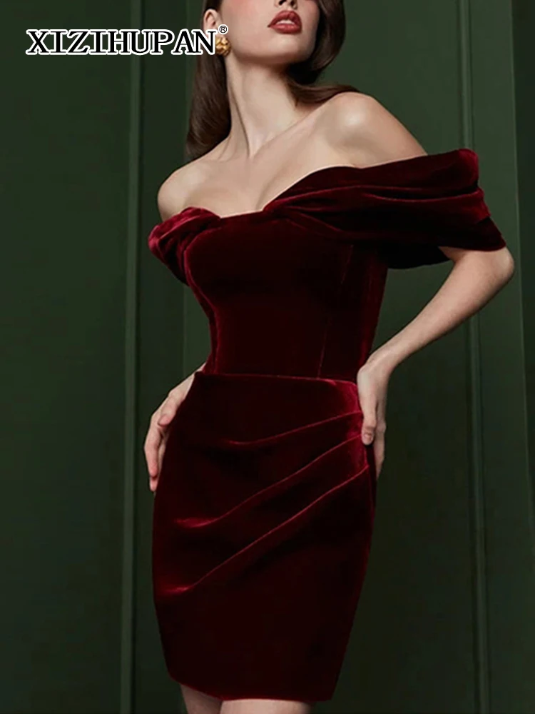 

XIZIHUPAN Winered Sexy Strapless Formal Dresses For Women Slash Neck Short Sleeve High Waist Irregular Mini Bodycon Dress Female